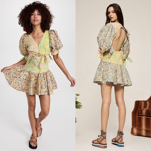 NWT ALEMAIS Daisy Spliced Puff Short Sleeve Cutout Open Back Ruffle Hem Dress 0 - Picture 1 of 16